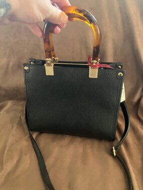 NWT Juice Made in Italy Black Pebbled Leather Satchel Tote, Tortoise Handles
